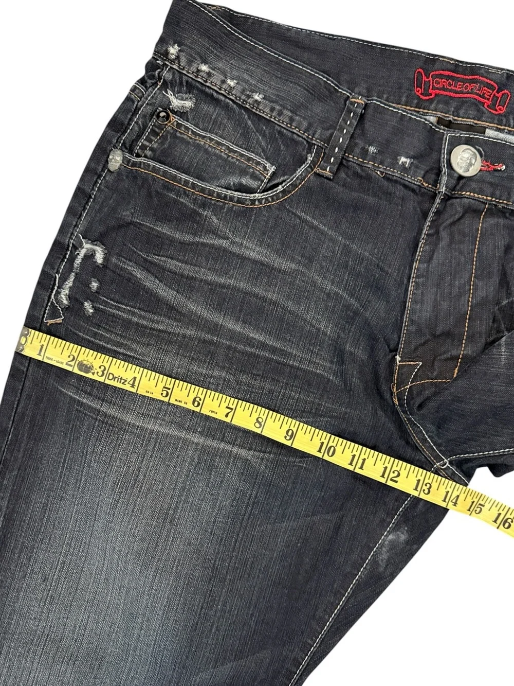 Y2K Circle Of Life Surf Crazy Skull Flap Pocket Jeans 38x31 Distressed Blue
